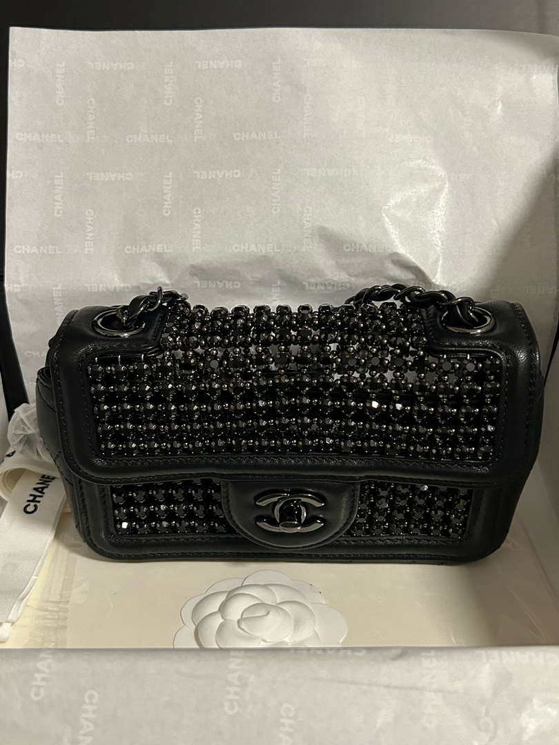 Chanel A8003 25p Evening Bag Lambskin Rhinestones Pearls A01112 Black - Default Title - View 9