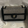 Chanel A8003 25p Evening Bag Lambskin Rhinestones Pearls A01112 White and Black - Default Title - View 1
