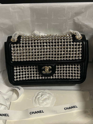 Chanel A8003 25p Evening Bag Lambskin Rhinestones Pearls A01112 White and Black - Default Title - View 1