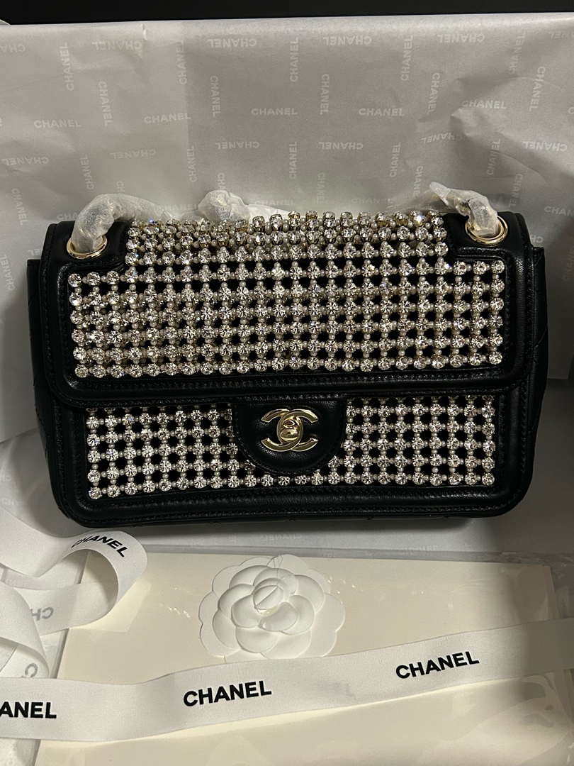 Chanel A8003 25p Evening Bag Lambskin Rhinestones Pearls A01112 White and Black