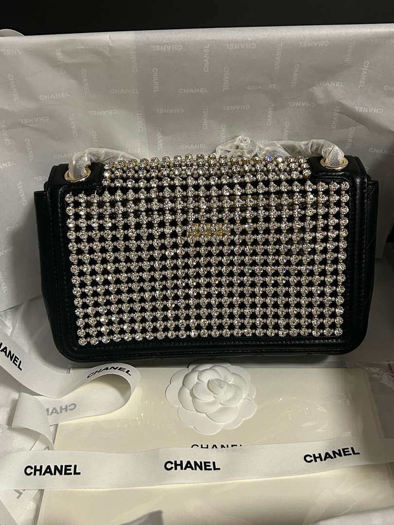 Chanel A8003 25p Evening Bag Lambskin Rhinestones Pearls A01112 White and Black