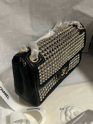 Chanel A8003 25p Evening Bag Lambskin Rhinestones Pearls A01112 White and Black - Default Title - View 3