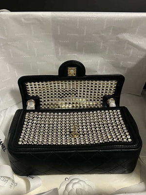 Chanel A8003 25p Evening Bag Lambskin Rhinestones Pearls A01112 White and Black - Default Title - View 5
