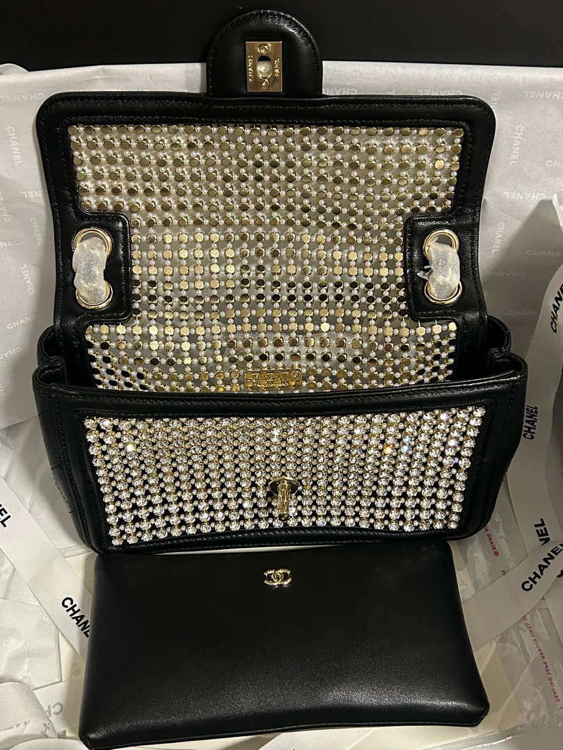Chanel A8003 25p Evening Bag Lambskin Rhinestones Pearls A01112 White and Black