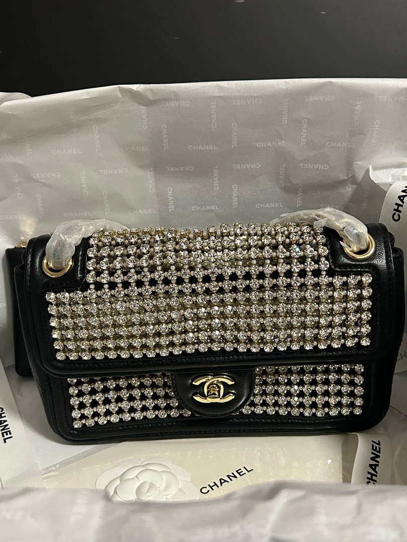 Chanel A8003 25p Evening Bag Lambskin Rhinestones Pearls A01112 White and Black