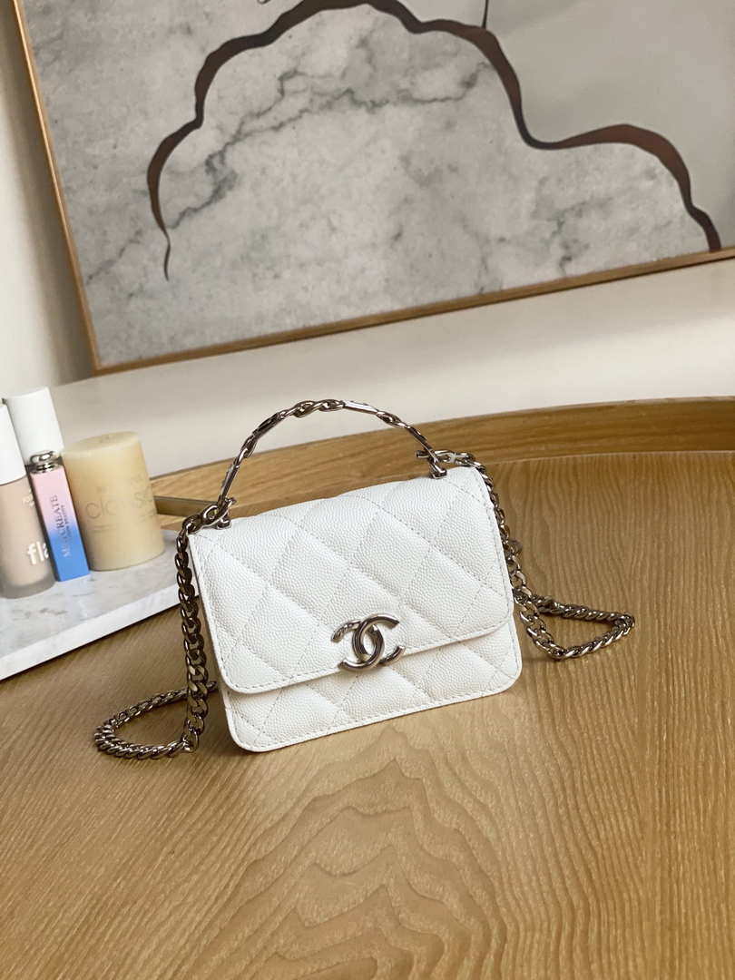 Chanel A81197 Mini Flap Calfskin Enamel & Silver-Tone Metal White - Default Title - View 1