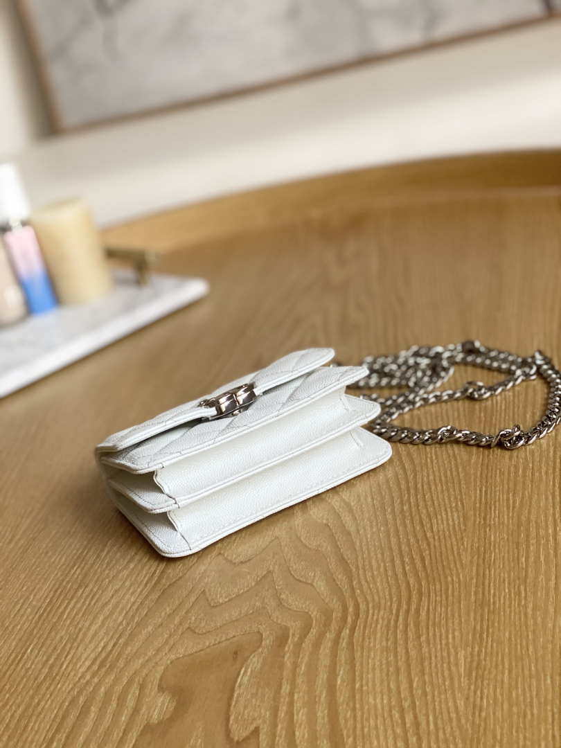 Chanel A81197 Mini Flap Calfskin Enamel & Silver-Tone Metal White