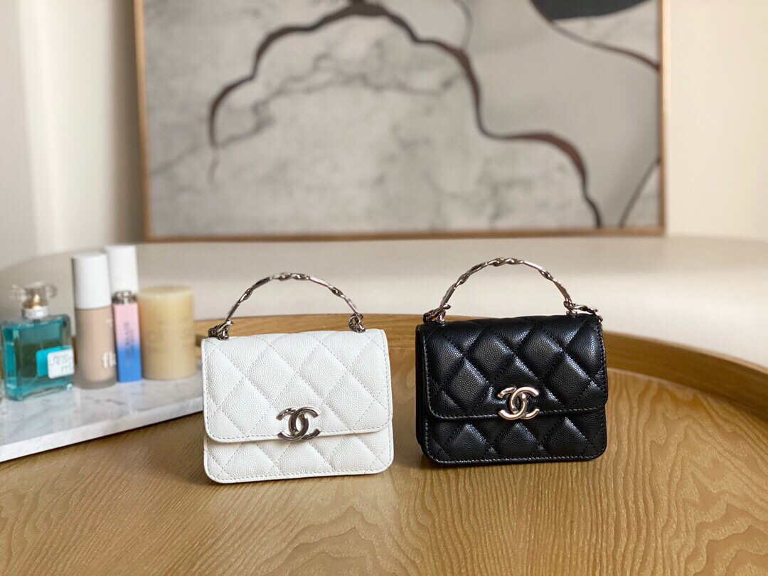Chanel A81197 Mini Flap Calfskin Enamel & Silver-Tone Metal White