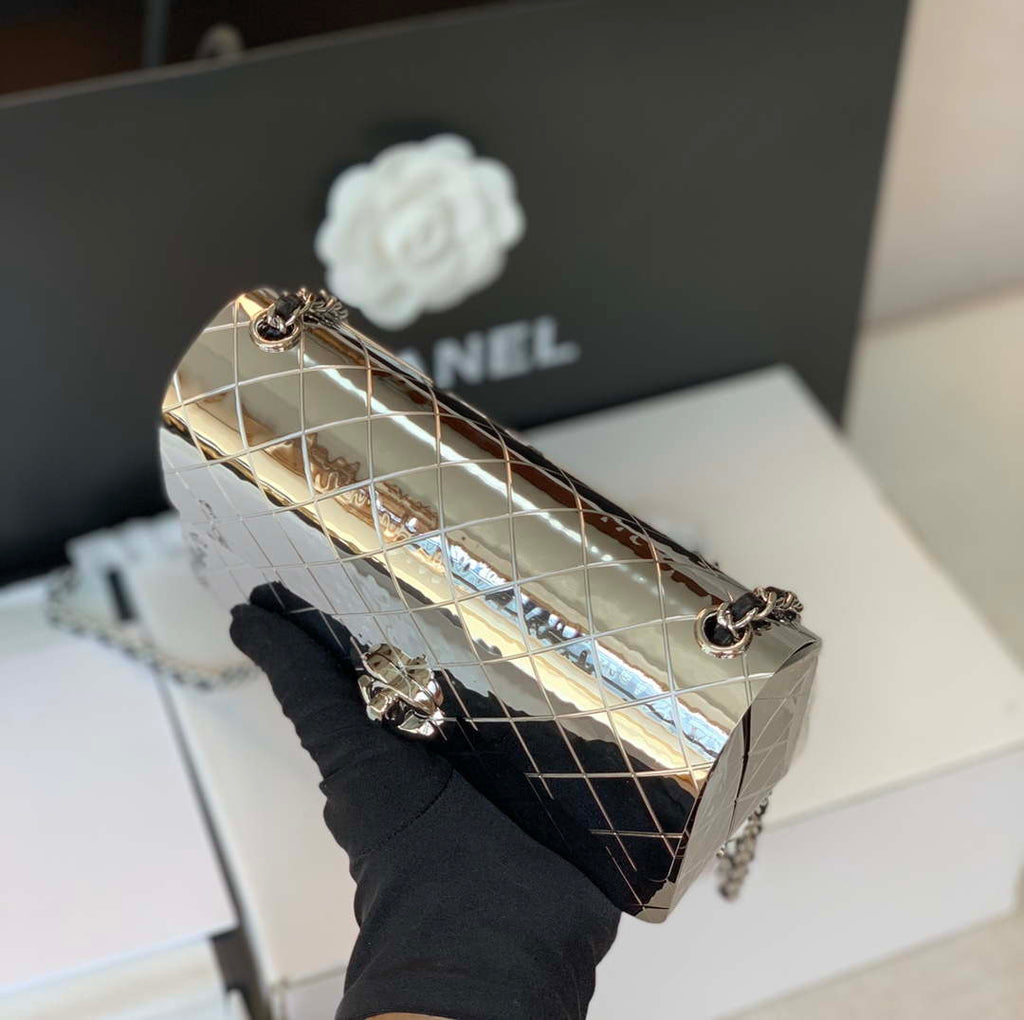 Chanel A8802 EVENING BAG Lambskin Sliver Metal Sliver