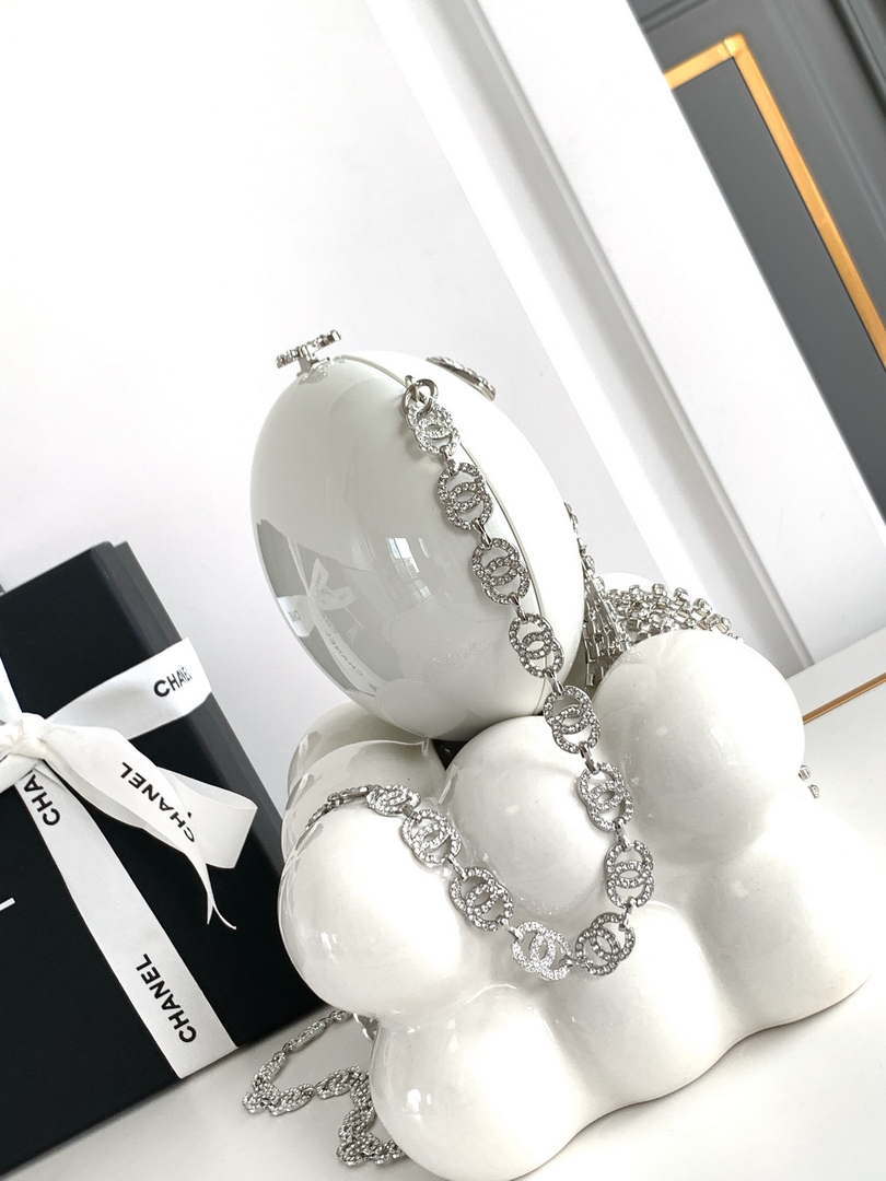 Chanel A88990 Evening Resin Crystal Chain Fringe CC Oval Minaudiere