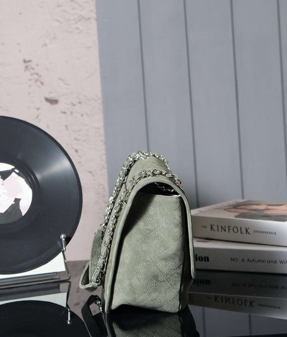 Chanel A90090 Flap Bag Vintage Green Suede Silver