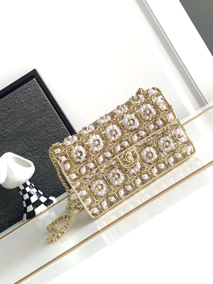 Chanel A90091 Limited Edition Pearl Metal CF Evening Flap Bag gold metal - Default Title - View 1
