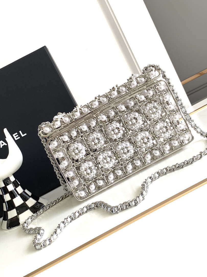 Chanel A90091 Limited Edition Pearl Metal CF Evening Flap Bag Silver metal