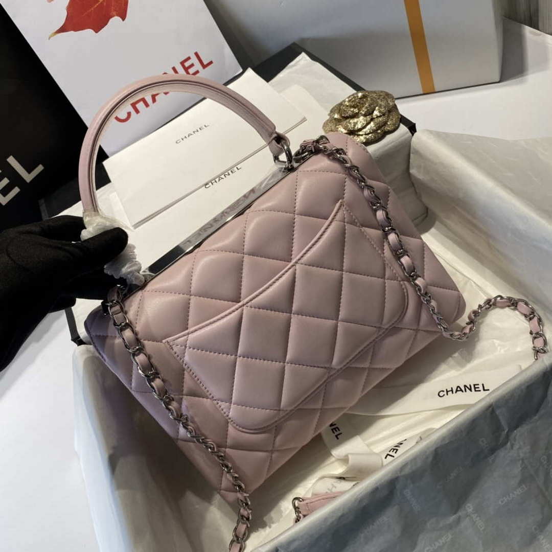 Chanel A92236 Flap Bag With Top Handle Lambskin & Gold-Tone Metal Pink - Default Title - View 7