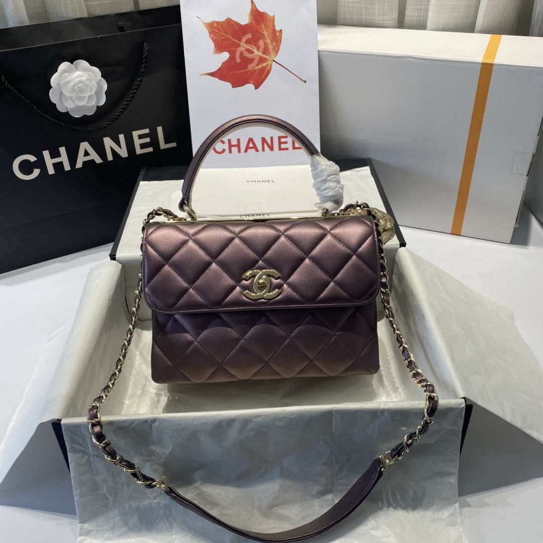 Chanel A92236 Flap Bag With Top Handle Lambskin & Gold-Tone Metal Purple - Default Title - View 1