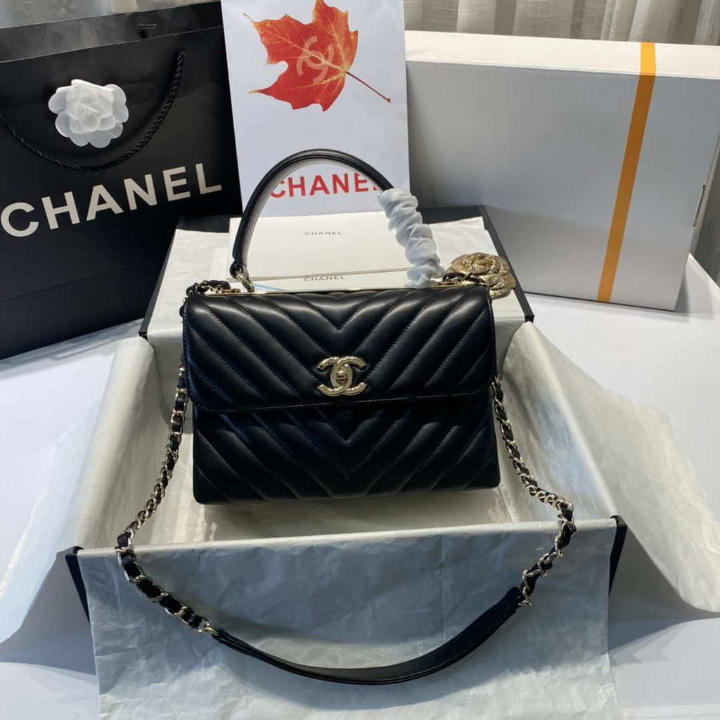 Chanel A92236 Flap Bag With Top Handle Lambskin & Gold-Tone Metal V Gird Black