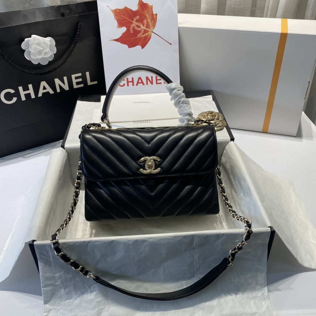 Chanel A92236 Flap Bag With Top Handle Lambskin & Gold-Tone Metal V Gird Black - Default Title - View 1