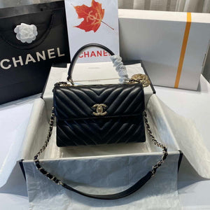 Chanel A92236 Flap Bag With Top Handle Lambskin & Gold-Tone Metal V Gird Black - Default Title - View 1