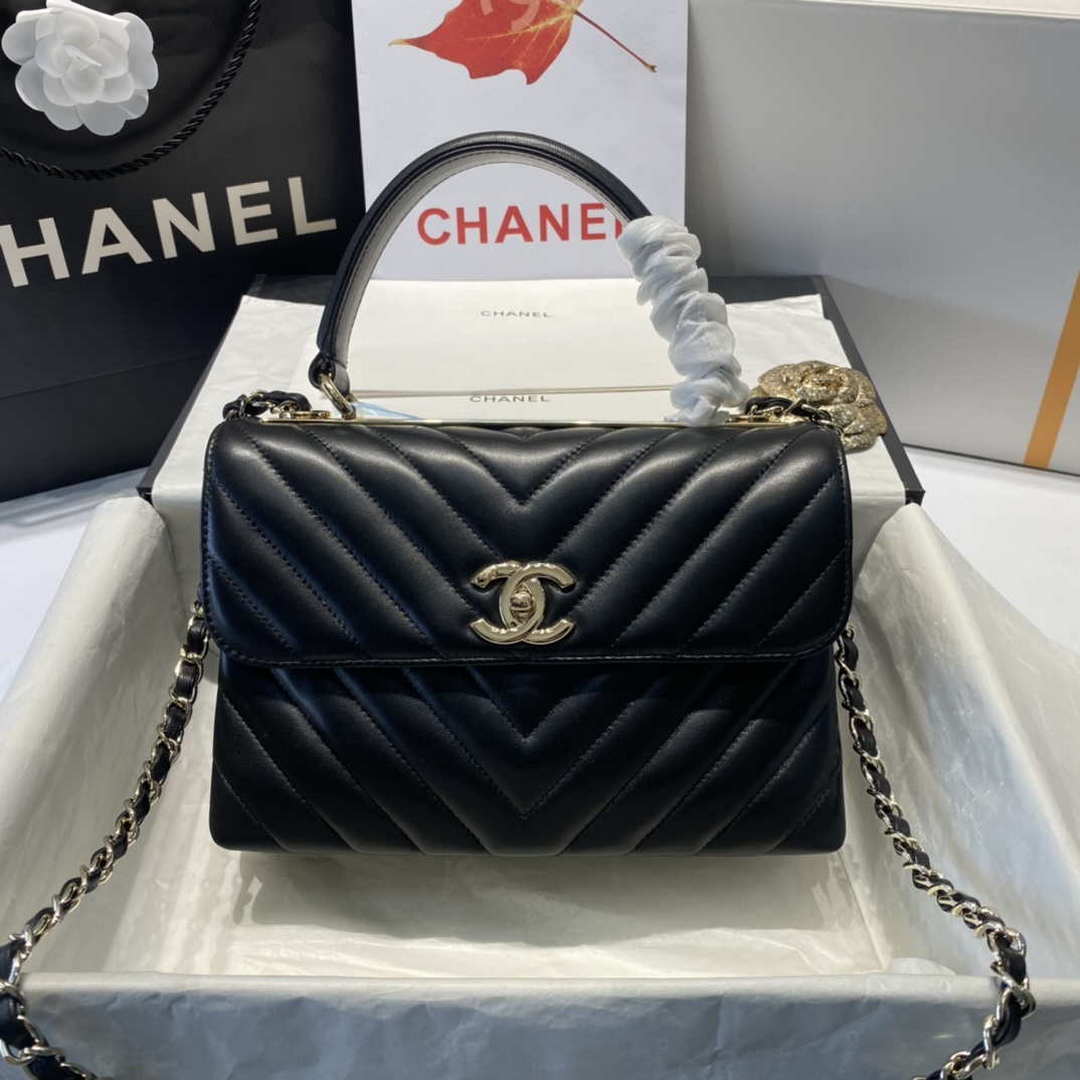 Chanel A92236 Flap Bag With Top Handle Lambskin & Gold-Tone Metal V Gird Black - Default Title - View 2