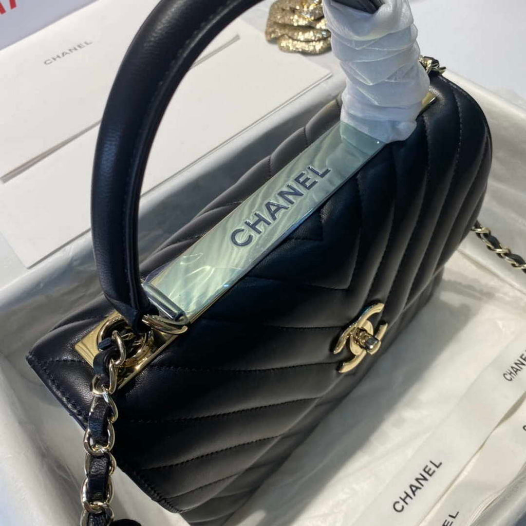 Chanel A92236 Flap Bag With Top Handle Lambskin & Gold-Tone Metal V Gird Black