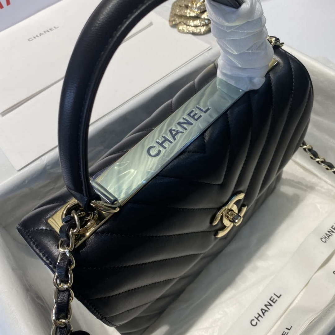 Chanel A92236 Flap Bag With Top Handle Lambskin & Gold-Tone Metal V Gird Black