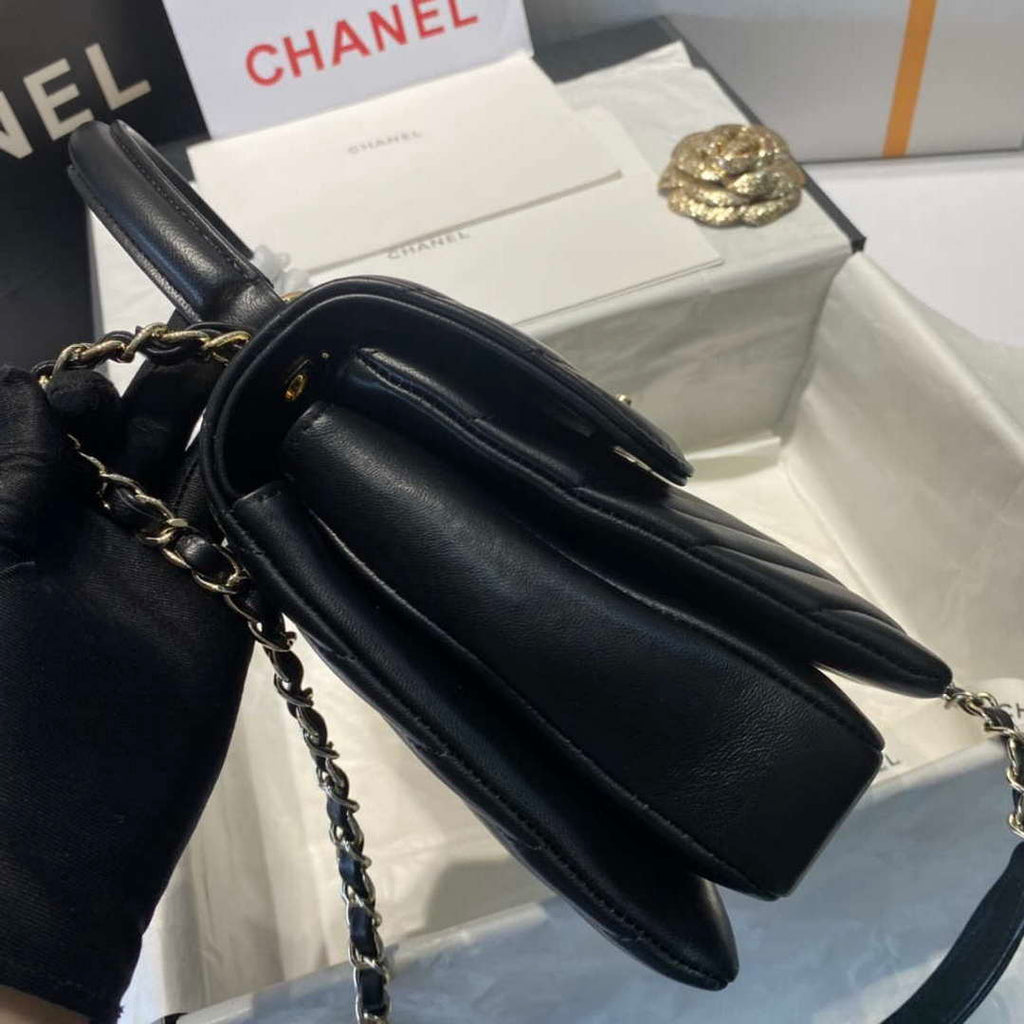 Chanel A92236 Flap Bag With Top Handle Lambskin & Gold-Tone Metal V Gird Black