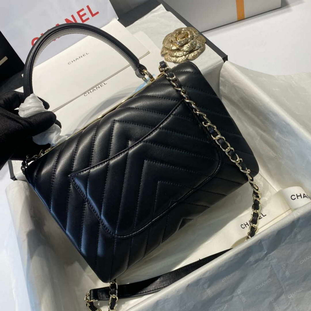 Chanel A92236 Flap Bag With Top Handle Lambskin & Gold-Tone Metal V Gird Black