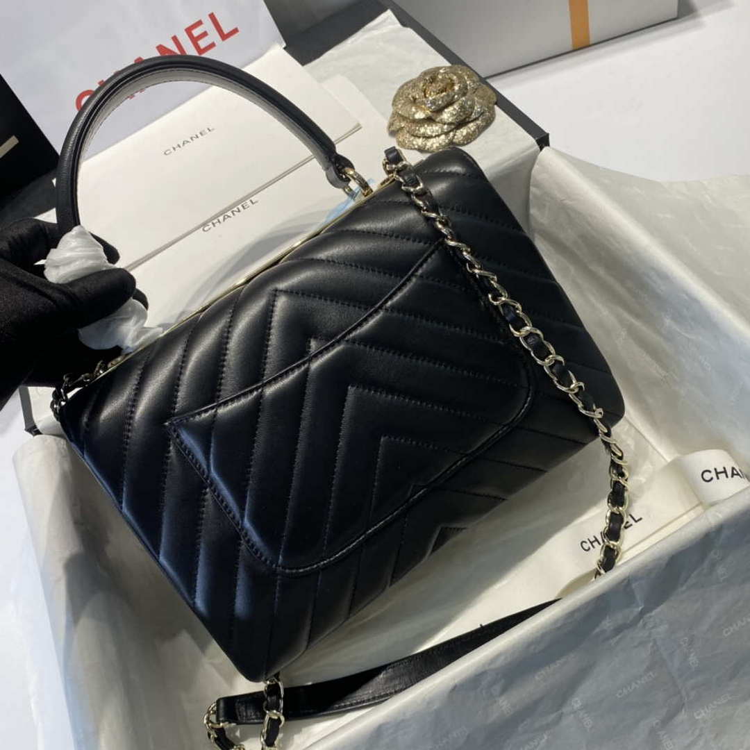 Chanel A92236 Flap Bag With Top Handle Lambskin & Gold-Tone Metal V Gird Black