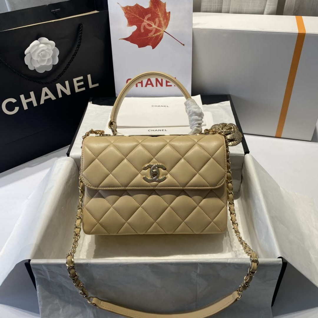 Chanel A92236 Flap Bag With Top Handle Lambskin & Gold-Tone Metal Apricot - Default Title - View 1