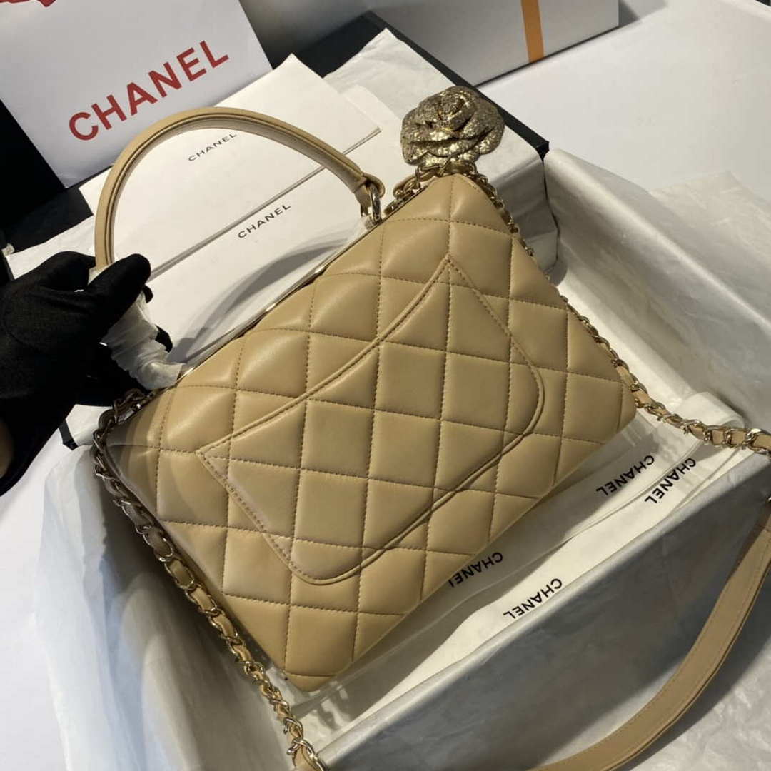 Chanel A92236 Flap Bag With Top Handle Lambskin & Gold-Tone Metal Apricot - Default Title - View 6