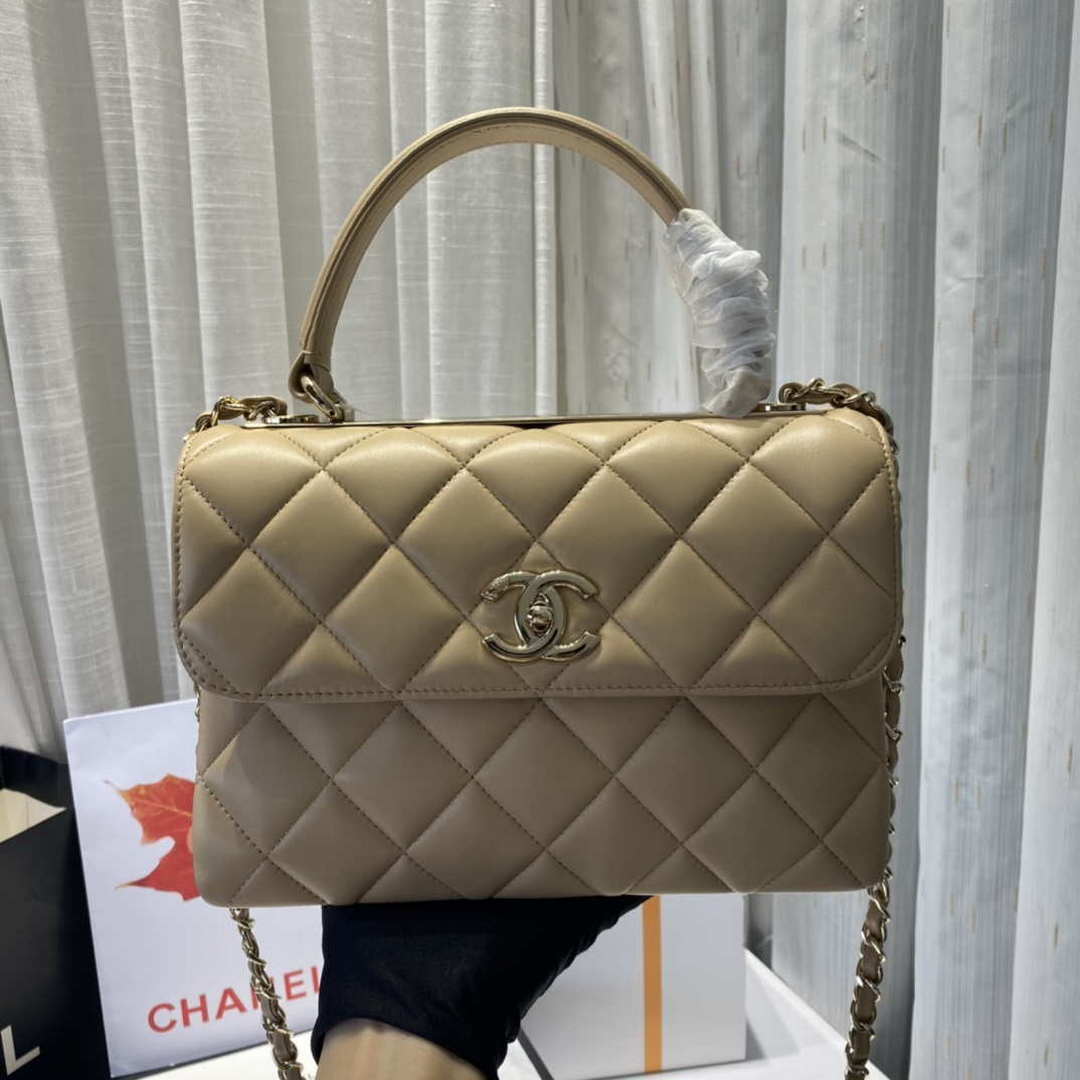 Chanel A92236 Flap Bag With Top Handle Lambskin & Gold-Tone Metal Apricot - Default Title - View 7