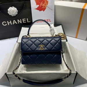 Chanel A92236 Flap Bag With Top Handle Lambskin & Gold-Tone Metal Navy Blue - Default Title - View 1