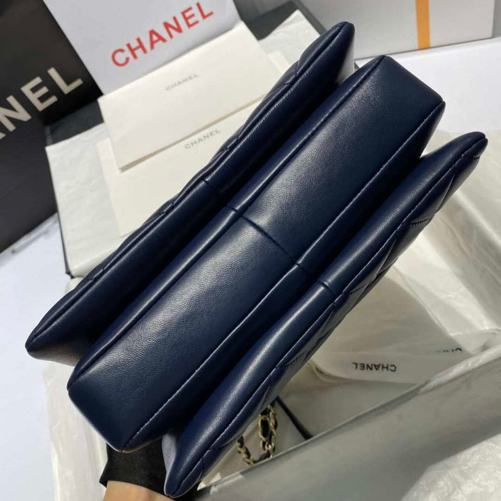 Chanel A92236 Flap Bag With Top Handle Lambskin & Gold-Tone Metal Navy Blue