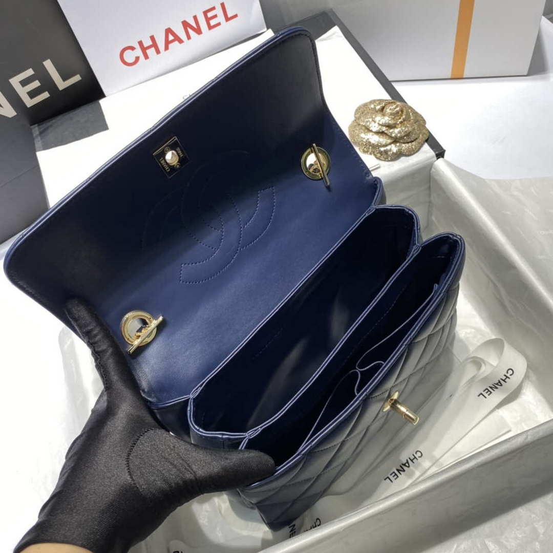 Chanel A92236 Flap Bag With Top Handle Lambskin & Gold-Tone Metal Navy Blue - Default Title - View 8