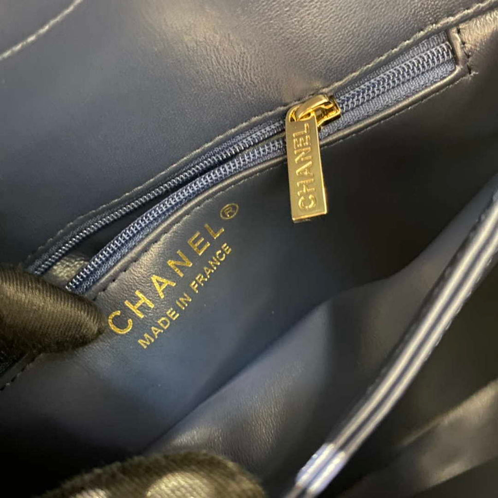 Chanel A92236 Flap Bag With Top Handle Lambskin & Gold-Tone Metal Navy Blue