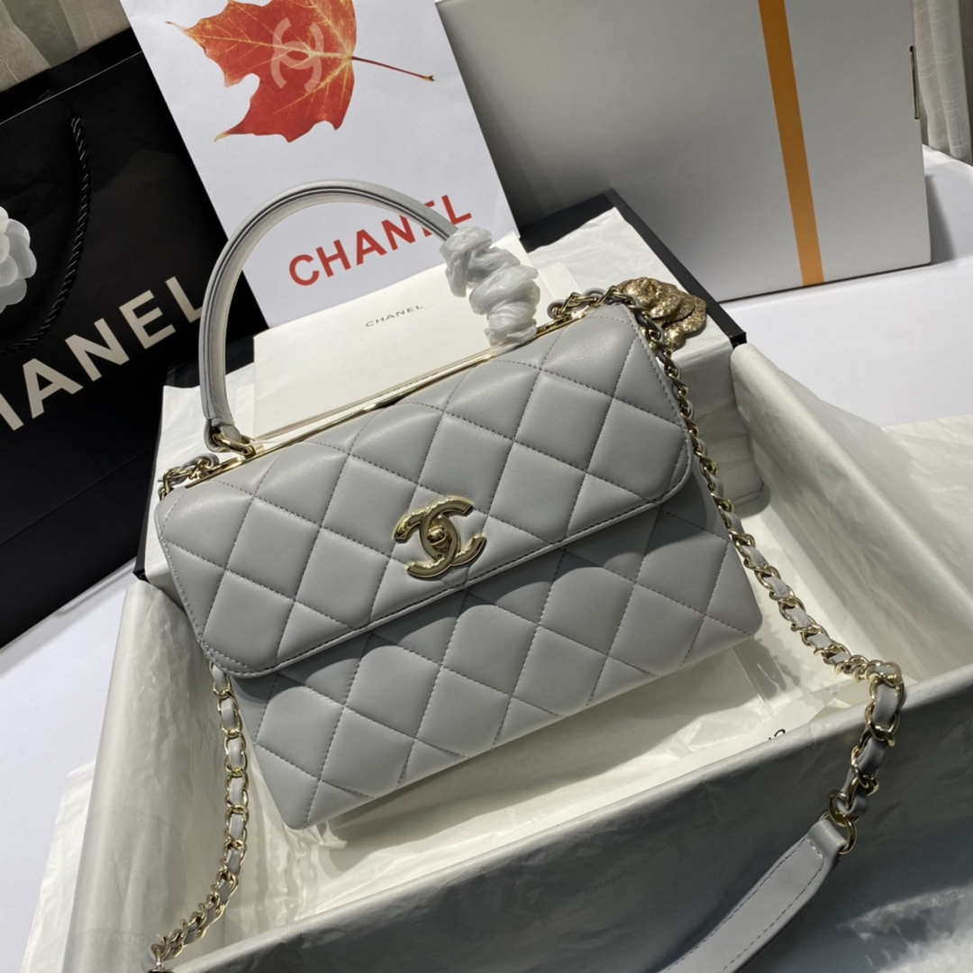 Chanel A92236 Flap Bag With Top Handle Lambskin & Gold-Tone Metal Gray - Default Title - View 2