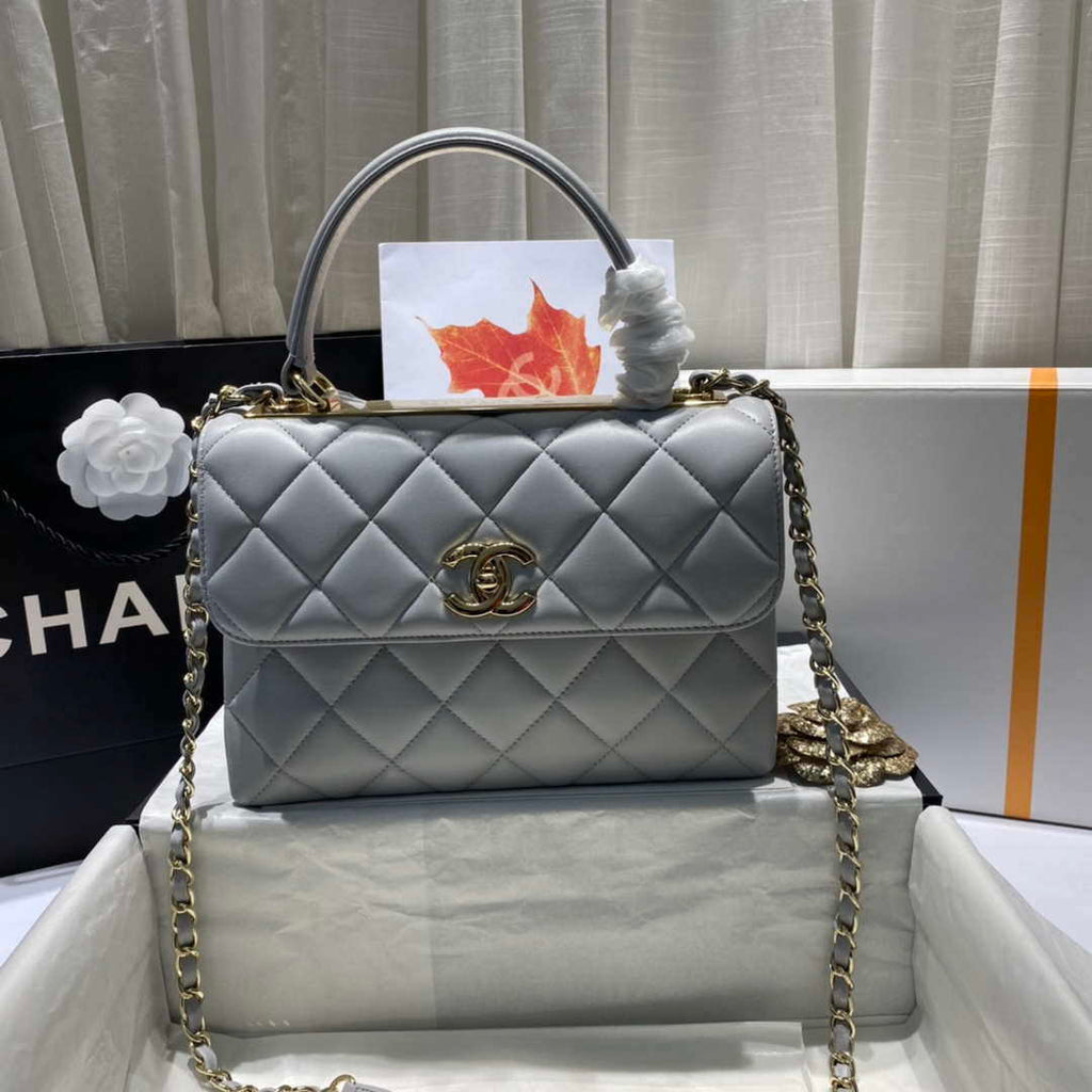 Chanel A92236 Flap Bag With Top Handle Lambskin & Gold-Tone Metal Gray