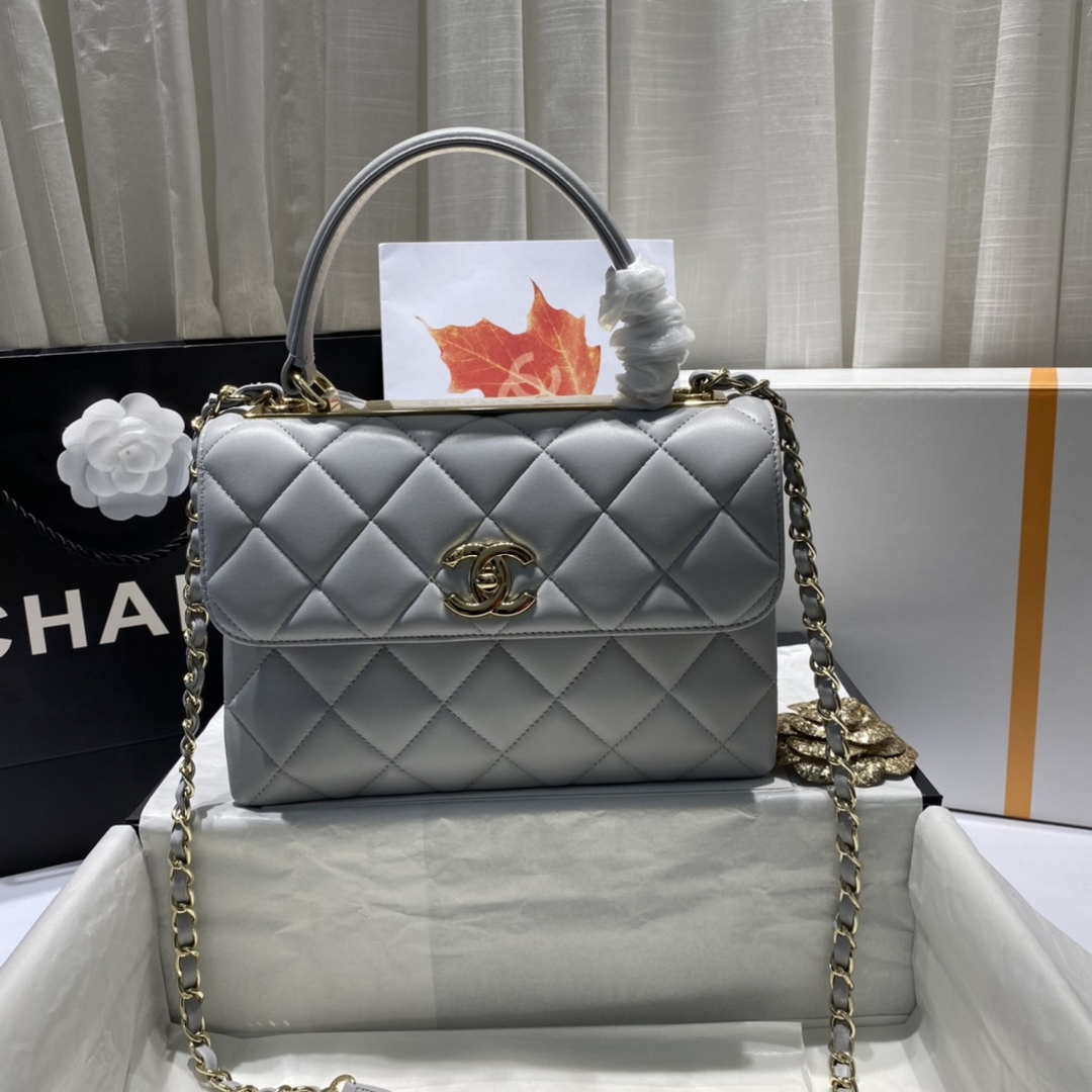 Chanel A92236 Flap Bag With Top Handle Lambskin & Gold-Tone Metal Gray - Default Title - View 7