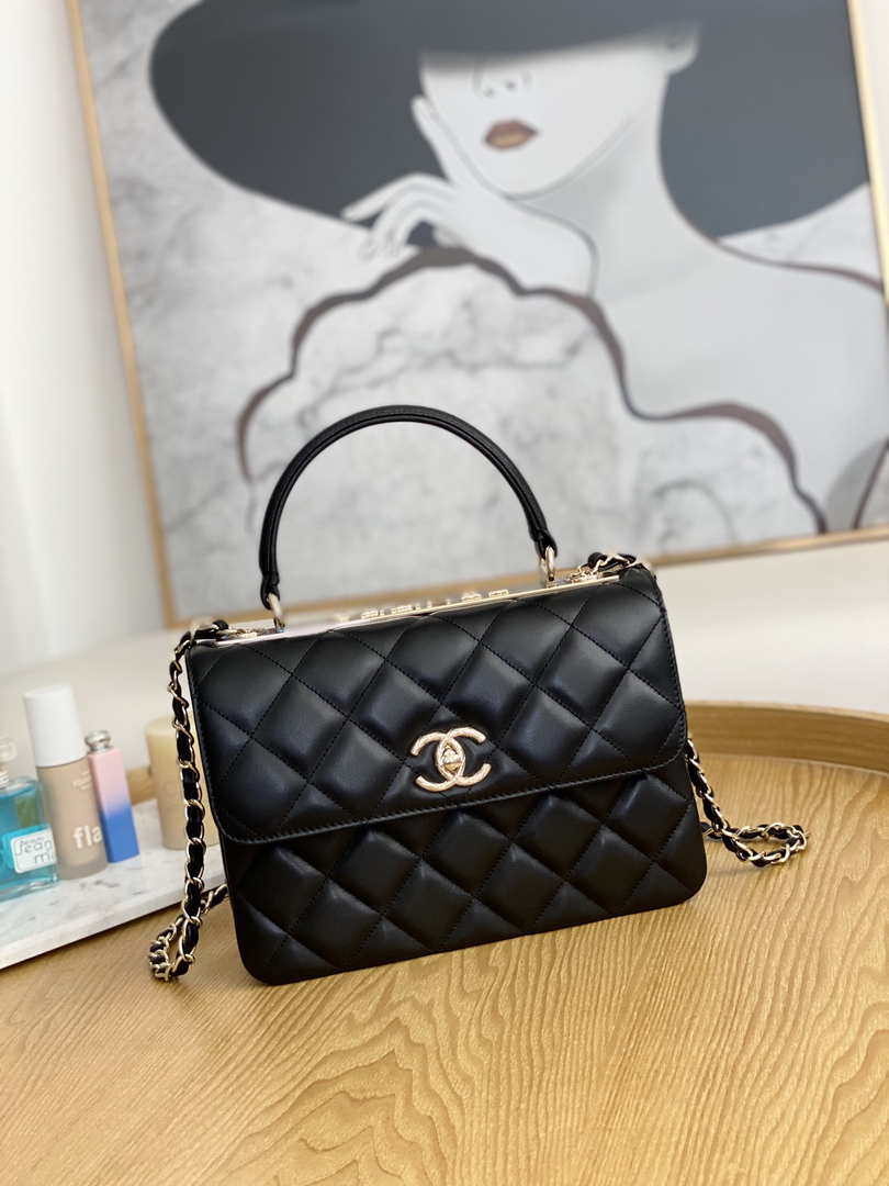 Chanel A92236 Flap Bag With Top Handle Relief Lambskin bag Black Gold
