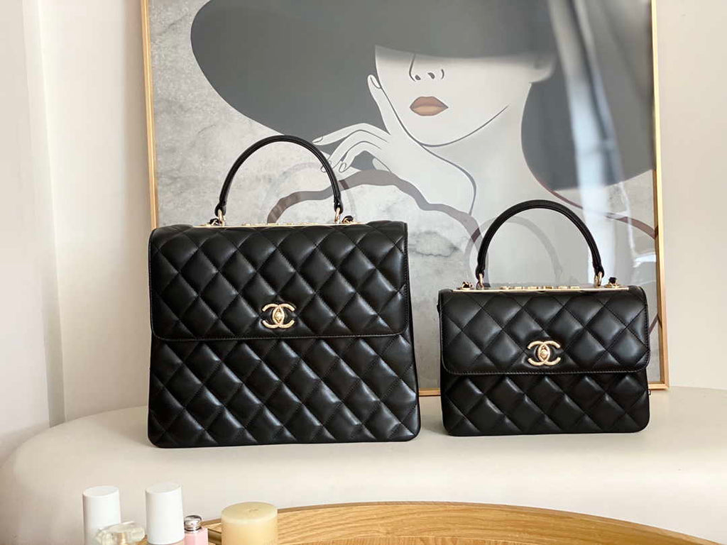 Chanel A92237 Large Flap Bag Trendy CC With Top Handle Relief Black Lambskin Gold