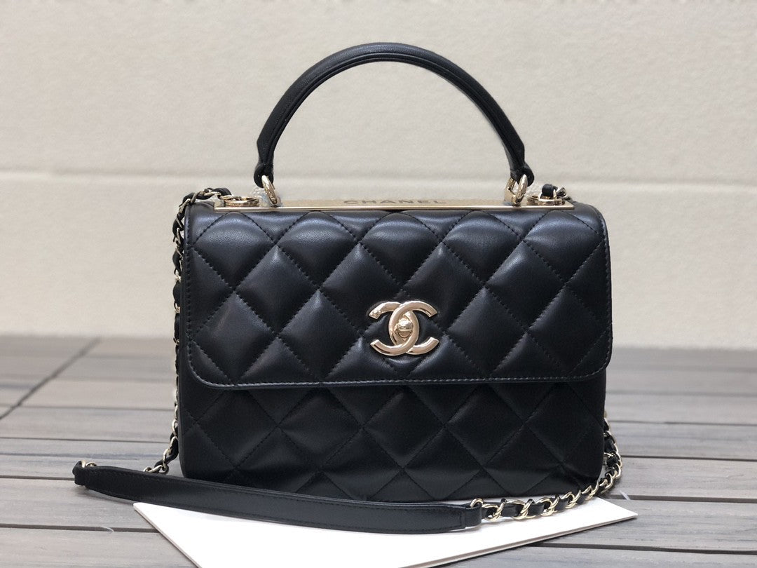 Chanel A92236 Small Trendy CC Flap Bag With Top Handle Lambskin bag Black Gold - Default Title - View 1
