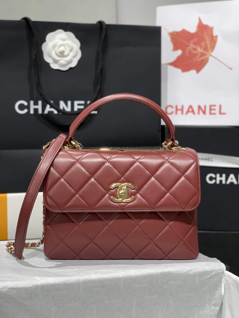 Chanel A92236 Small Trendy CC Flap Bag With Top Handle Lambskin bag Wine Red Gold - Default Title - View 1