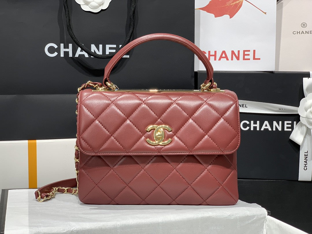 Chanel A92236 Small Trendy CC Flap Bag With Top Handle Lambskin bag Wine Red Gold - Default Title - View 2