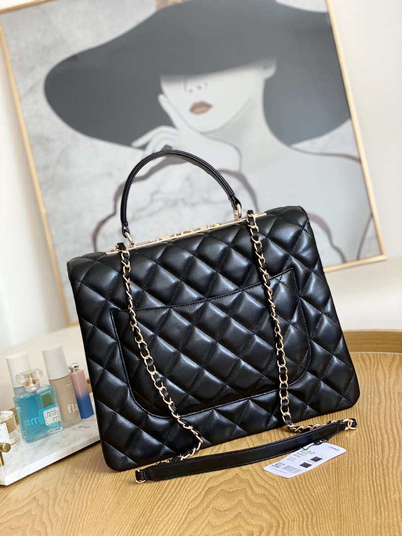 Chanel A92237 Large Flap Bag Trendy CC With Top Handle Relief Black Lambskin Gold