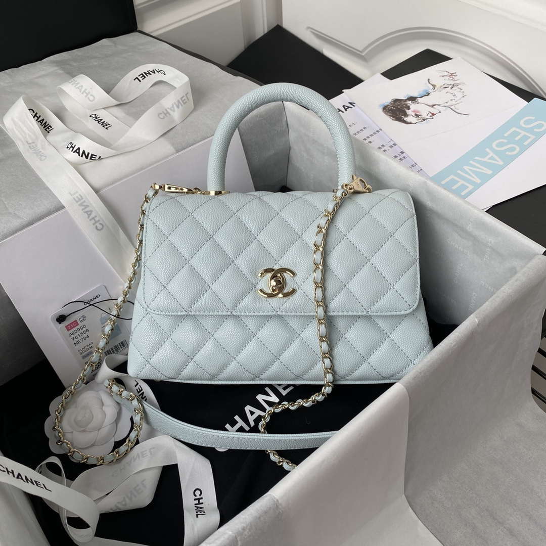 Chanel A92990 Medium Flap Bag With Top Handle Calfskin  Bag Light Blue - Default Title - View 1