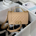 Chanel A94805 Boy Flap Bag With Handle Grained Shiny Calfskin Gold Tone Metal Beige - Default Title - View 1
