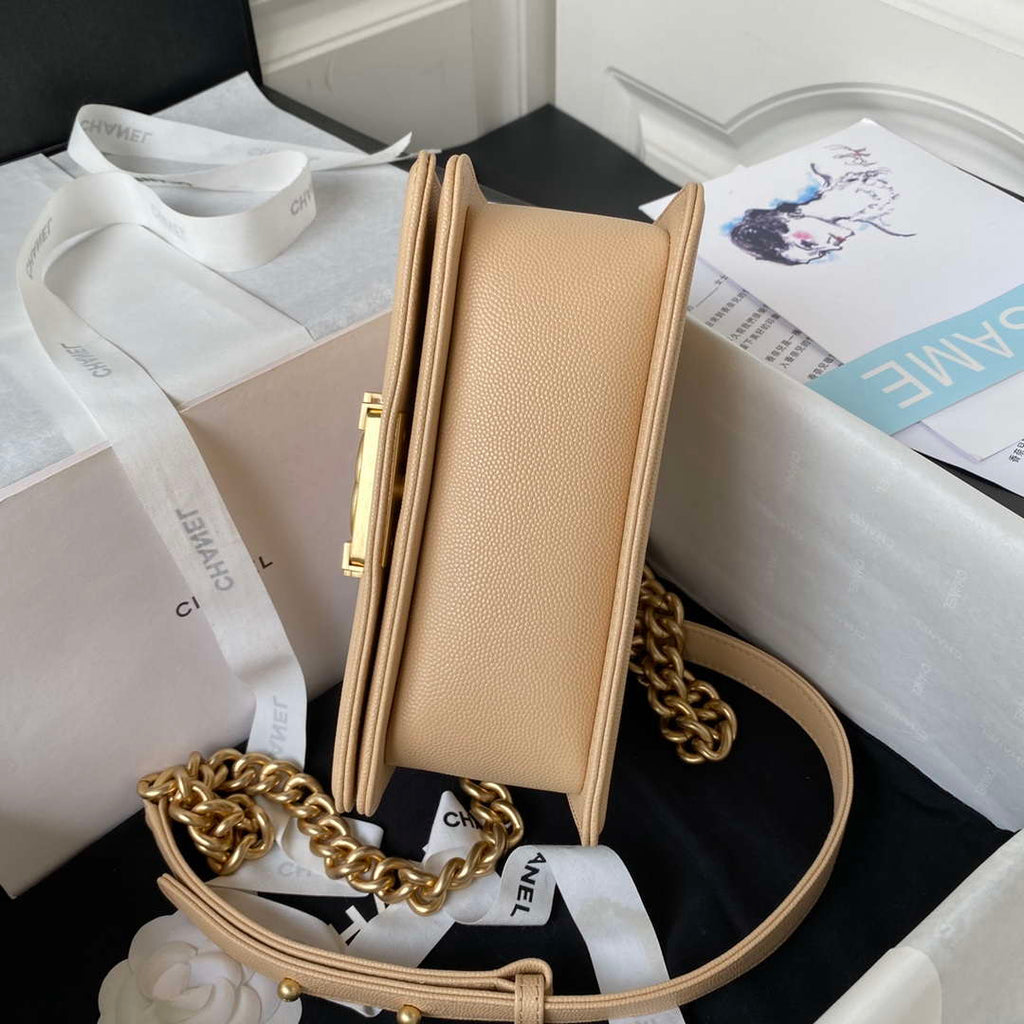 Chanel A94805 Boy Flap Bag With Handle Grained Shiny Calfskin Gold Tone Metal Beige