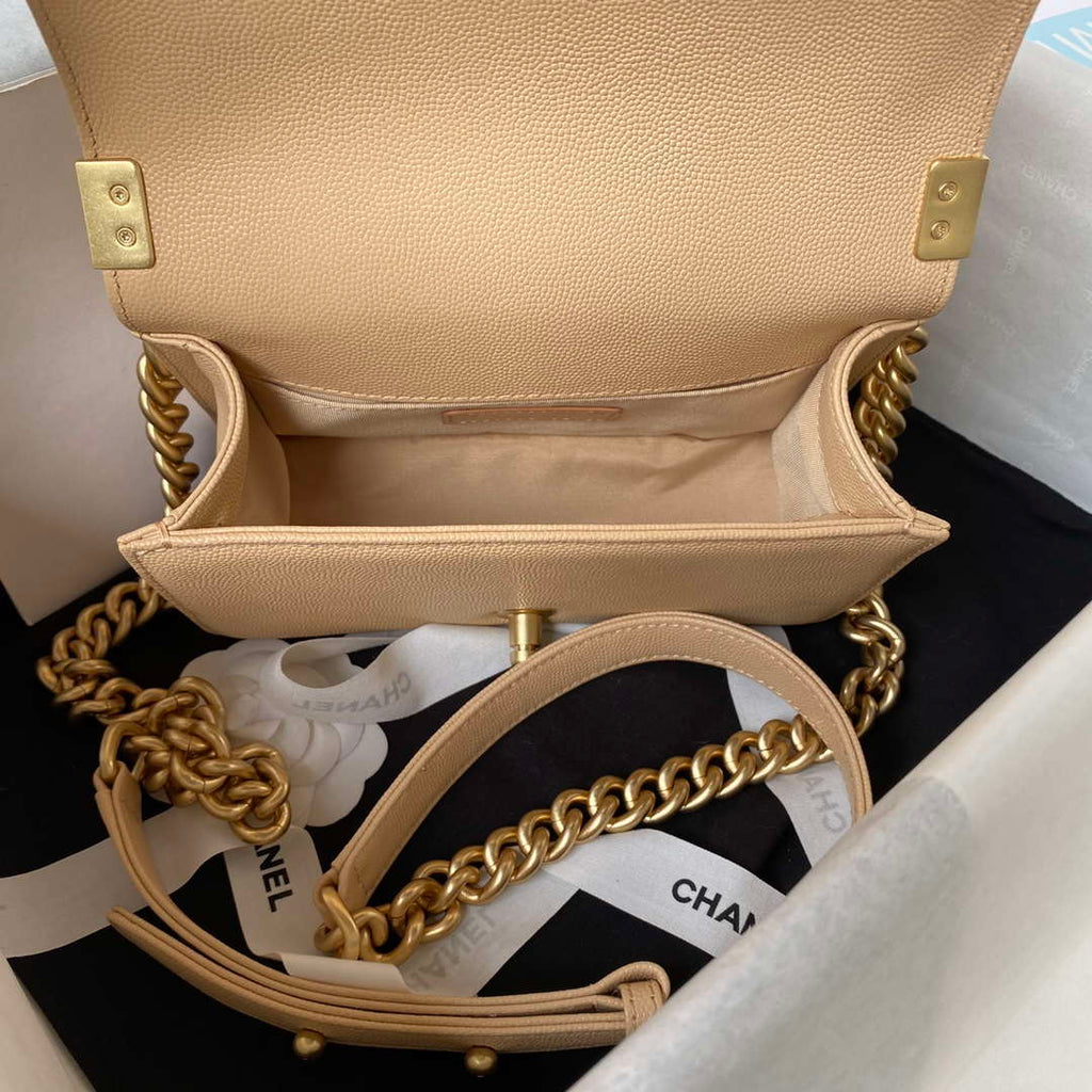 Chanel A94805 Boy Flap Bag With Handle Grained Shiny Calfskin Gold Tone Metal Beige