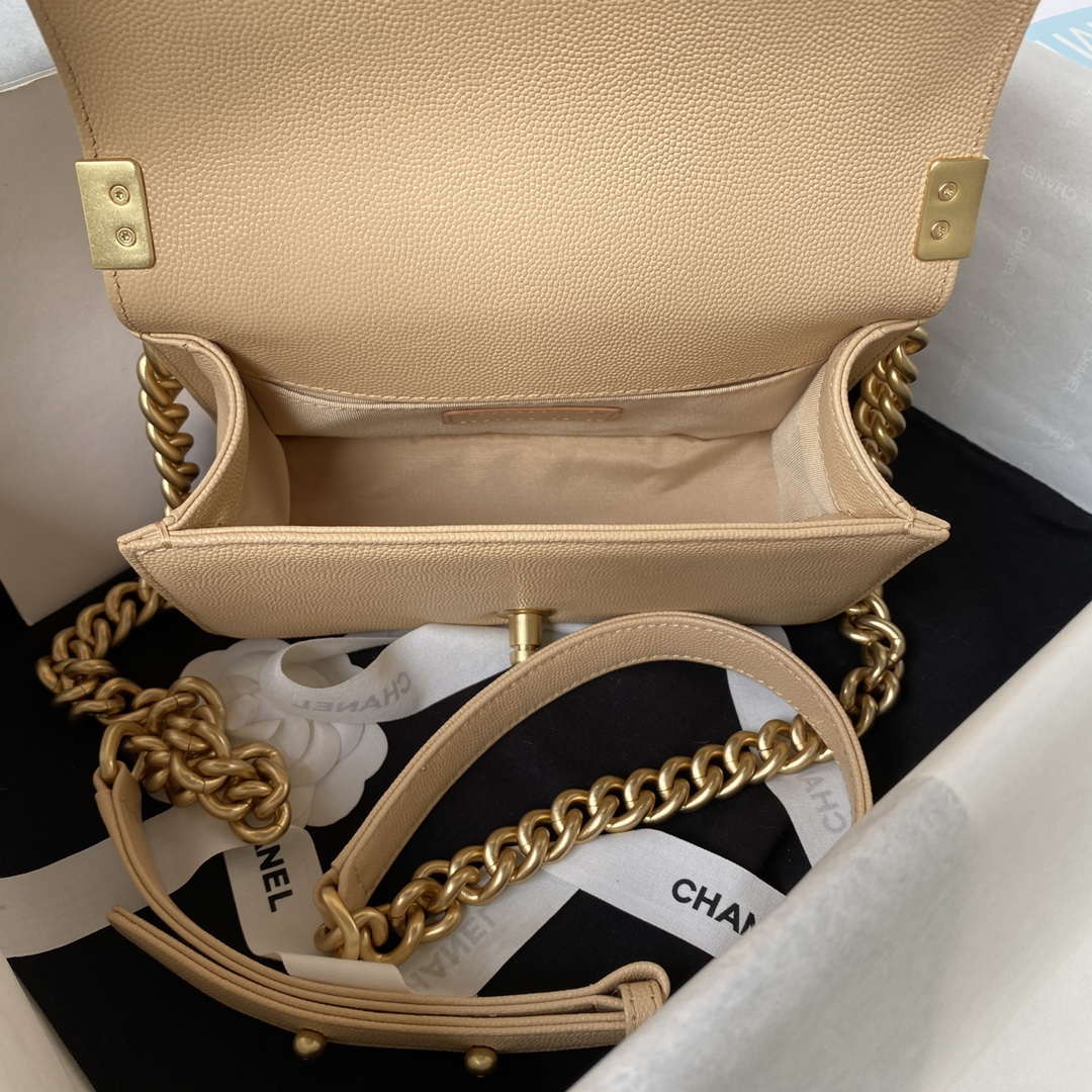 Chanel A94805 Boy Flap Bag With Handle Grained Shiny Calfskin Gold Tone Metal Beige