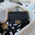 Chanel A94805 Boy Flap Bag With Handle Grained Shiny Calfskin Gold Tone Metal Black - Default Title - View 1